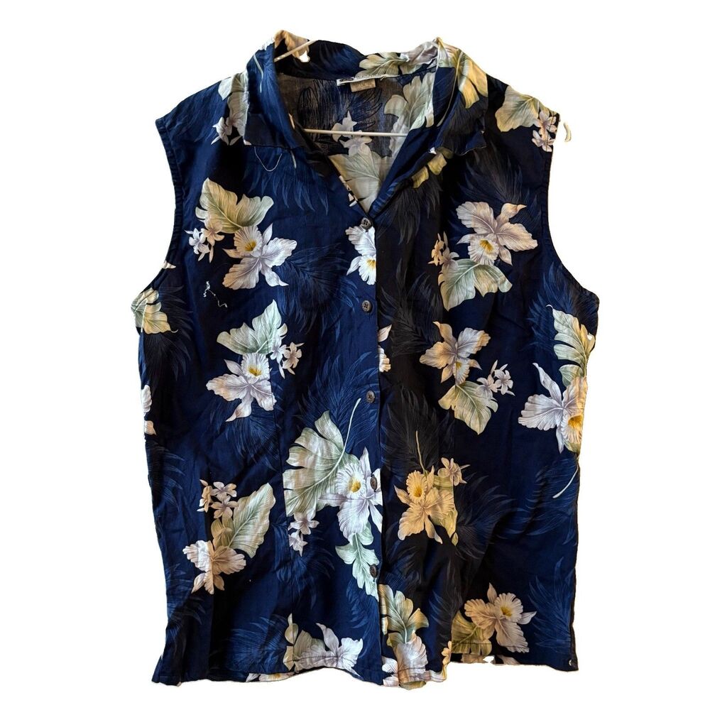 Aloha Republic Women’s Blouse XL Blue/White Floral Collared Sleeveless Button